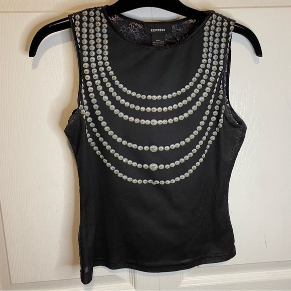 EXPRESS black Pearl necklace print top back laced stretchy sleeveless cropped XS - Picture 1 of 7